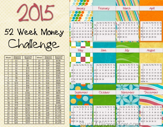 NEW 2015 -52 Week Money Challenge 2015 -  Printable!  Get a jar and each week put in the amount listed. It starts with one buck and goes up by one more each week. By the last week of the year you will have $1,378.00!!! Print and stick the chart right into the big jar, or tape onto it so it wont get lost. Fun and pretty do-able! 