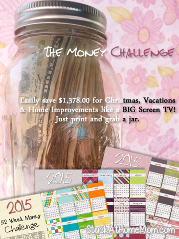 NEW 2015 -52 Week Money Challenge 2015 - Printable! Get a jar and each week put in the amount listed. It starts with one buck and goes up by one more each week. By the last week of the year you will have $1,378.00!!! Print and stick the chart right into the big jar, or tape onto it so it wont get lost. Fun and pretty do-able!