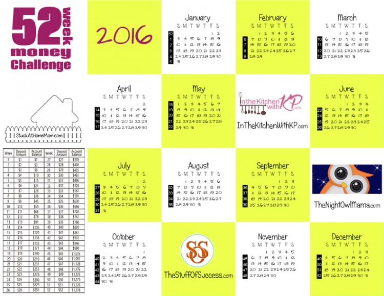 2016 Money Challenge Calendar Printable - Save $1378.99