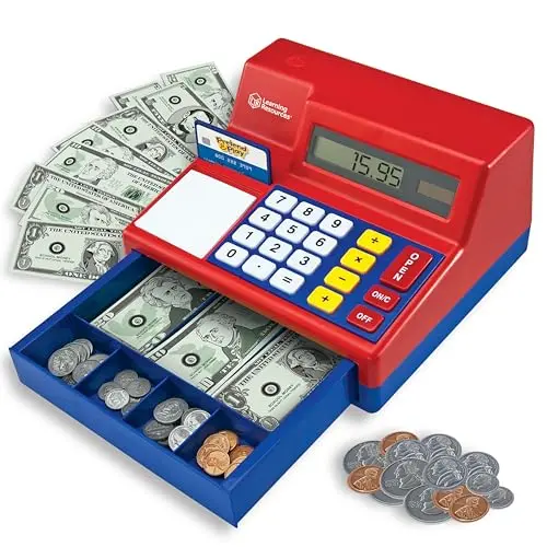 Learning Resources toy cash register with solar-powered calculator and realistic play money
