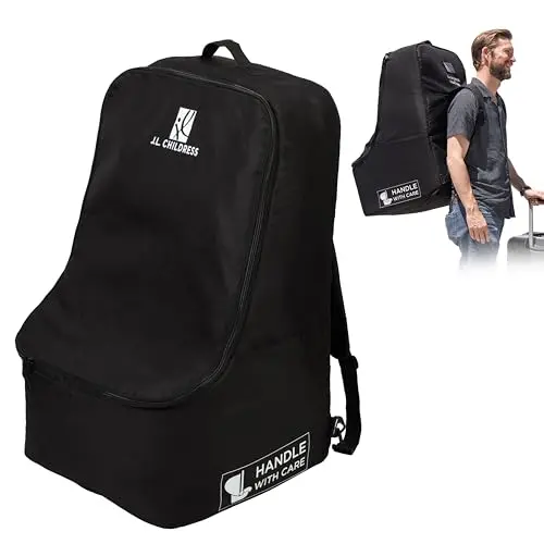 J.L. Childress padded backpack car seat bag in black with adjustable straps