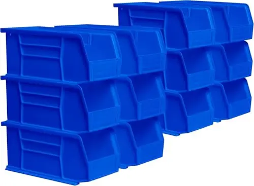 Blue Akro-Mils 30230 stackable storage bins for garage organization