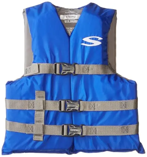 Stearns kids life vest in blue with adjustable buckles for 30-50 lbs
