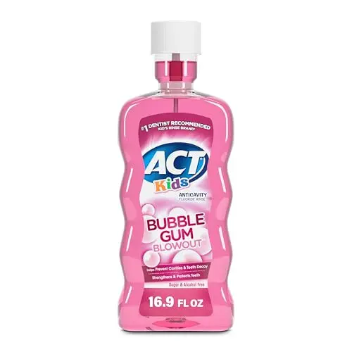 ACT Kids Bubble Gum Fluoride Mouthwash bottle with built-in dosing cup