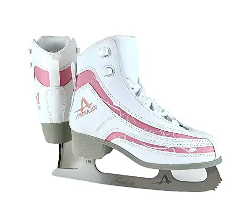 American Athletic soft boot ice skates in white with pink trim