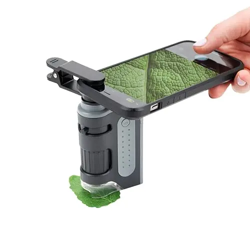 Carson MicroBrite black and grey pocket microscope with phone clip