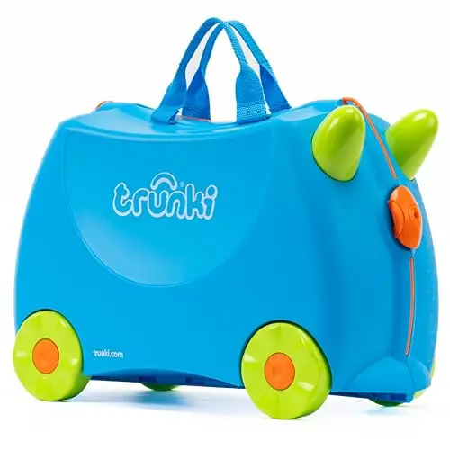 Trunki ride-on kids suitcase in blue design with tow-along strap