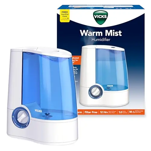Vicks warm mist humidifier in white for bedroom congestion and allergy relief