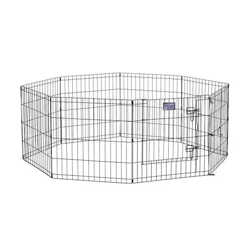 MidWest black metal dog playpen with secure door and foldable design