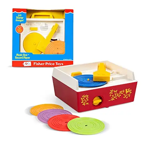 Fisher Price Classics blue and yellow record player with carrying handle