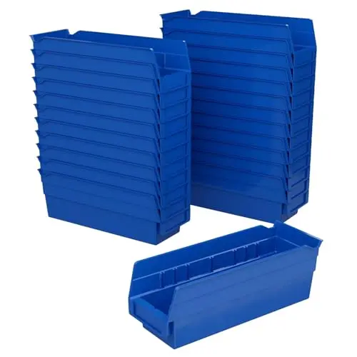 Blue Akro-Mils 30120 narrow shelf storage bins for garage
