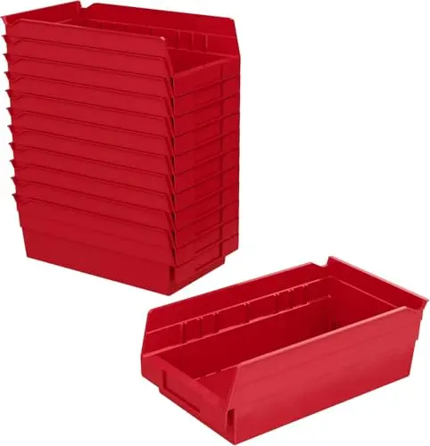 Akro-Mils red shelf bins placed on a storage rack