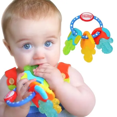 Nuby Ice Gel Teether Keys in blue with multiple ring shapes