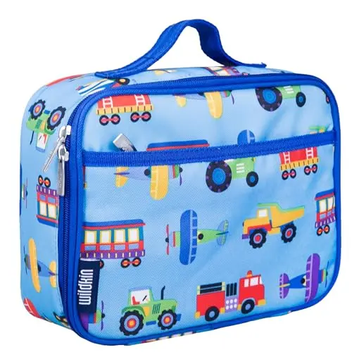Wildkin insulated lunch bag with trains, planes, and trucks design