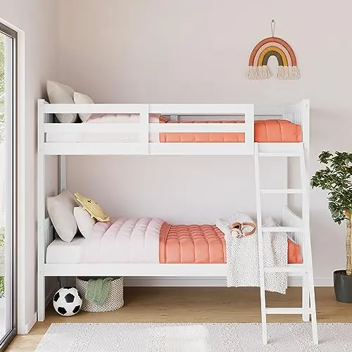 Storkcraft Caribou white twin over twin bunk bed with ladder and guardrails