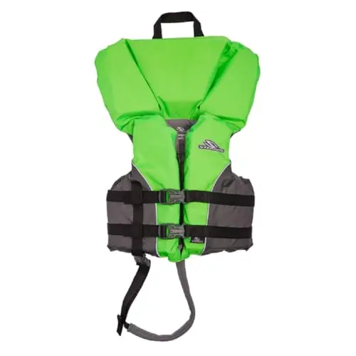 Stearns child life jacket with heads-up flotation in green and gray colors