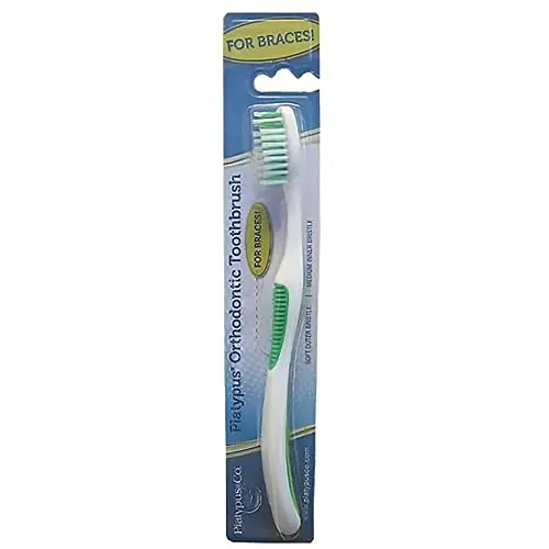 Platypus orthodontic toothbrush with angled bristles for braces cleaning
