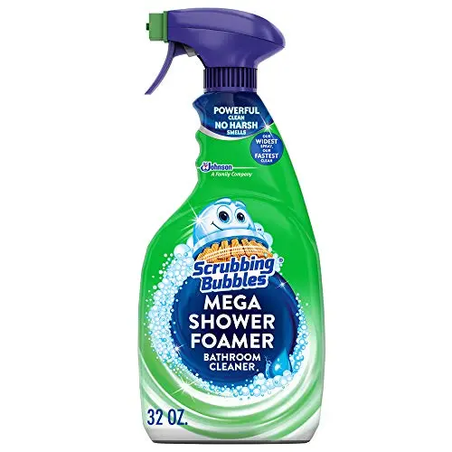 Scrubbing Bubbles bathroom cleaner spray foaming on tub surface
