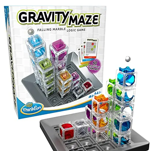 ThinkFun Gravity Maze game with towers, marbles, and game grid for logic challenges