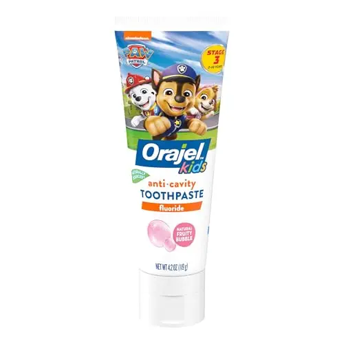Orajel Kids Paw Patrol toothpaste tube featuring Chase and Marshall characters