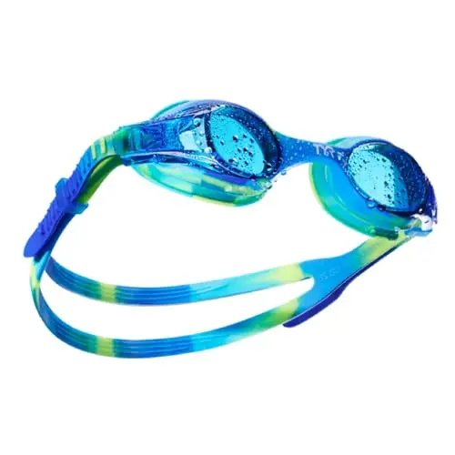 TYR Swimple tie-dye kids swim goggles with blue and green design
