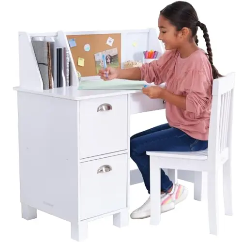 KidKraft wooden study desk with bulletin board and cabinets