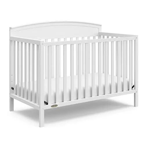 Graco Benton crib in white showing convertible features and adjustable height