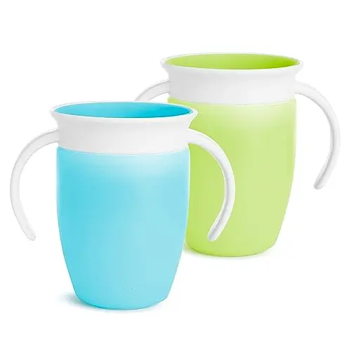Munchkin Miracle 360 sippy cup with blue and green handles