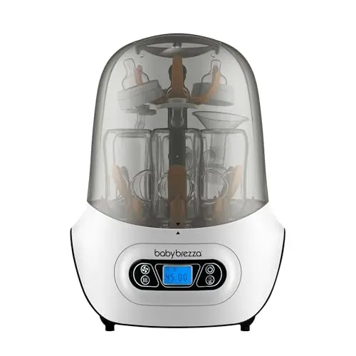 Baby Brezza white electric bottle sterilizer and dryer on countertop