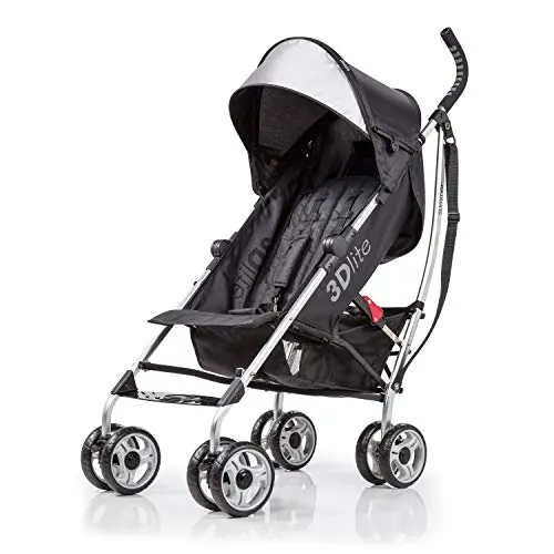 Bright Starts 3Dlite stroller folded compactly with carry strap