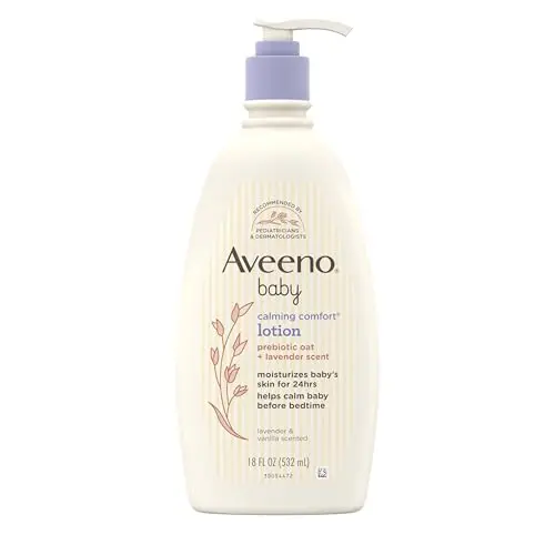 Aveeno Baby Calming Comfort Lotion bottle with lavender-themed design