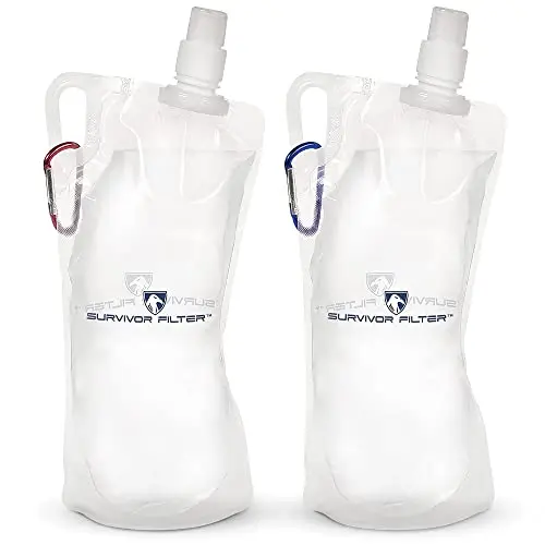Survivor Filter collapsible water bottles with carabiners attached