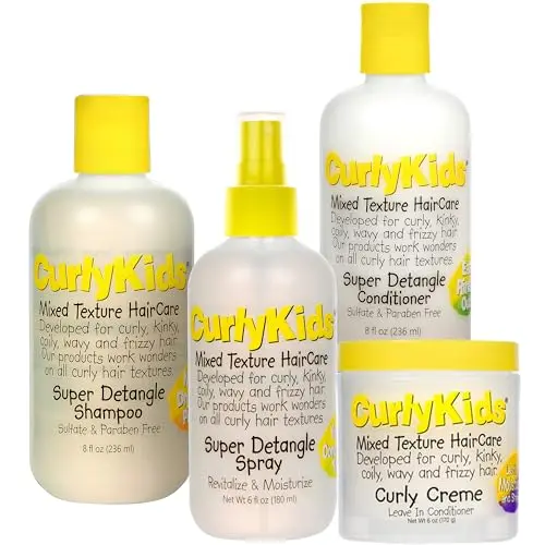 CurlyKids Textured Hair Care Set for kids with shampoo, conditioner, spray and creme