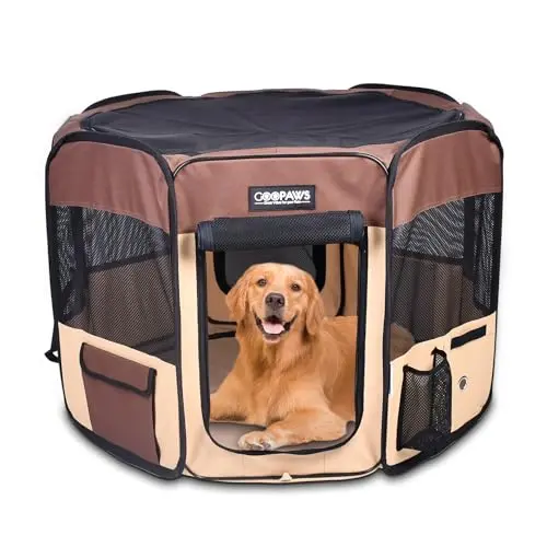 JESPET brown soft dog playpen with mesh windows and storage pockets
