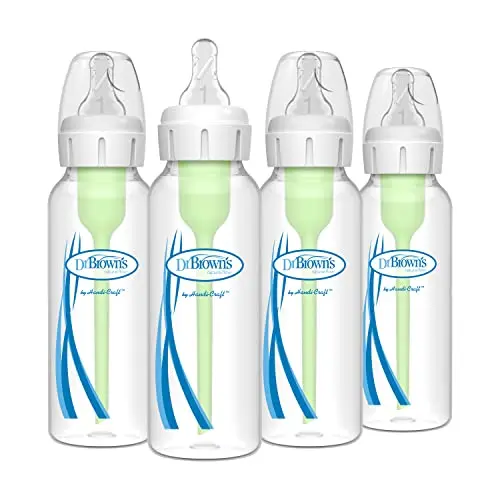 Dr. Brown's anti-colic baby bottle showing narrow design and internal vent system