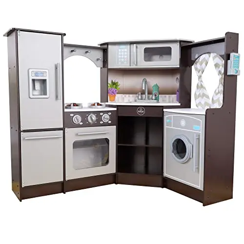 KidKraft Ultimate Corner Wooden Play Kitchen with curtains and phone