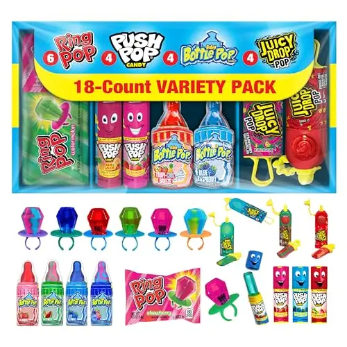 Bazooka Candy Brands Halloween variety pack with ring pops, push pops, baby bottle pops, and juicy drops