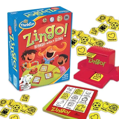ThinkFun Zingo Bingo game with word cards and Zinger device