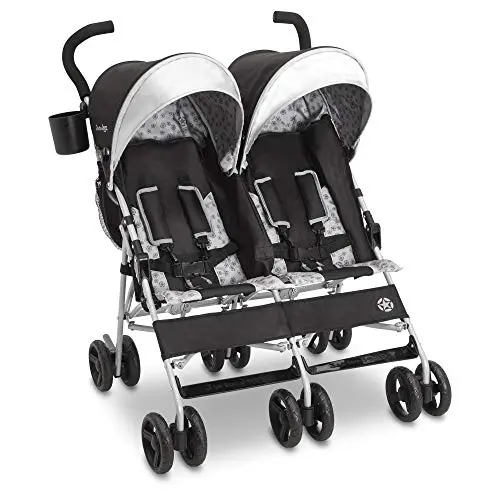 Jeep Scout double stroller in charcoal galaxy color showing compact fold and storage features