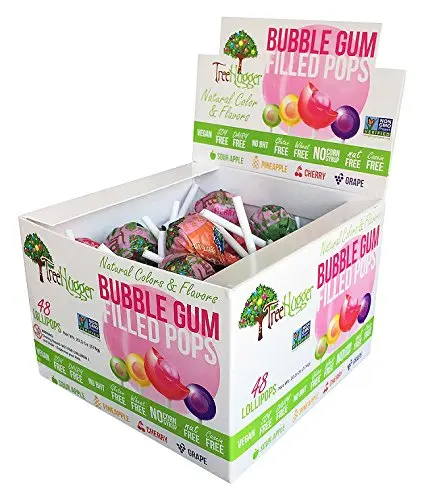 Tree Hugger bubble gum filled lollipops in display box