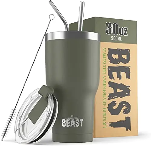 Greens Steel Beast 30 oz insulated travel tumbler in army green with accessories