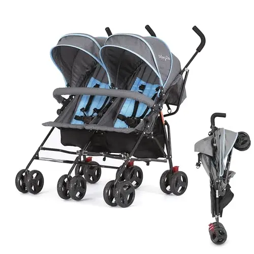 Dream On Me Volgo twin umbrella stroller in blue with side-by-side seating and adjustable canopies