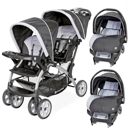 Baby Trend double stroller with two infant car seats in Stormy color