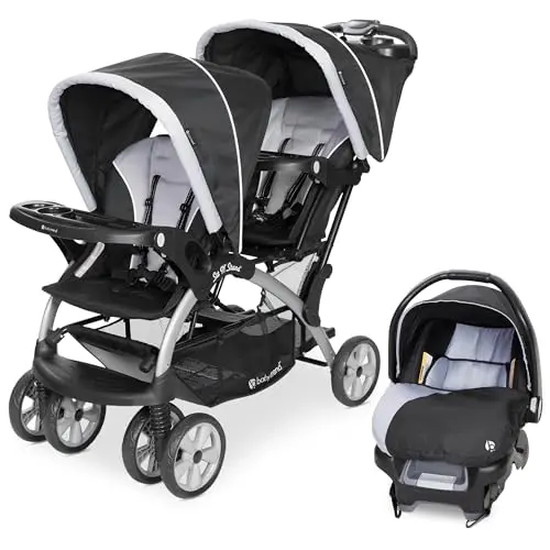 Baby Trend double stroller with one infant car seat in Stormy color