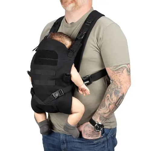 Tactical Baby Gear carrier in black with MOLLE straps and sun shade