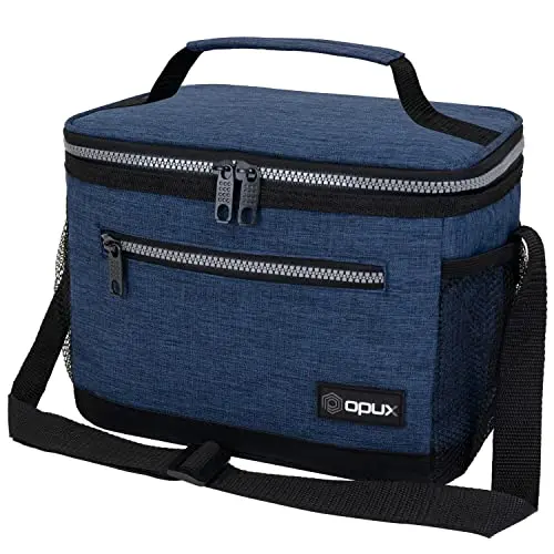 OPUX insulated lunch bag in heather navy with shoulder strap