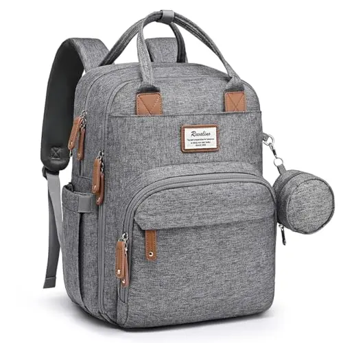 RUVALINO gray diaper backpack with multiple pockets and insulated bottle holders