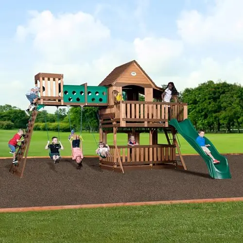 Backyard Discovery Woodridge Elite cedar wood swing set with clubhouse and crawl tunnel