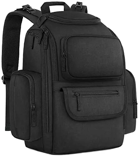 Mancro black diaper backpack with multiple pockets and stroller straps