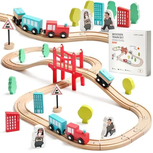 Tiny Land 39-piece wooden train set with compatible tracks
